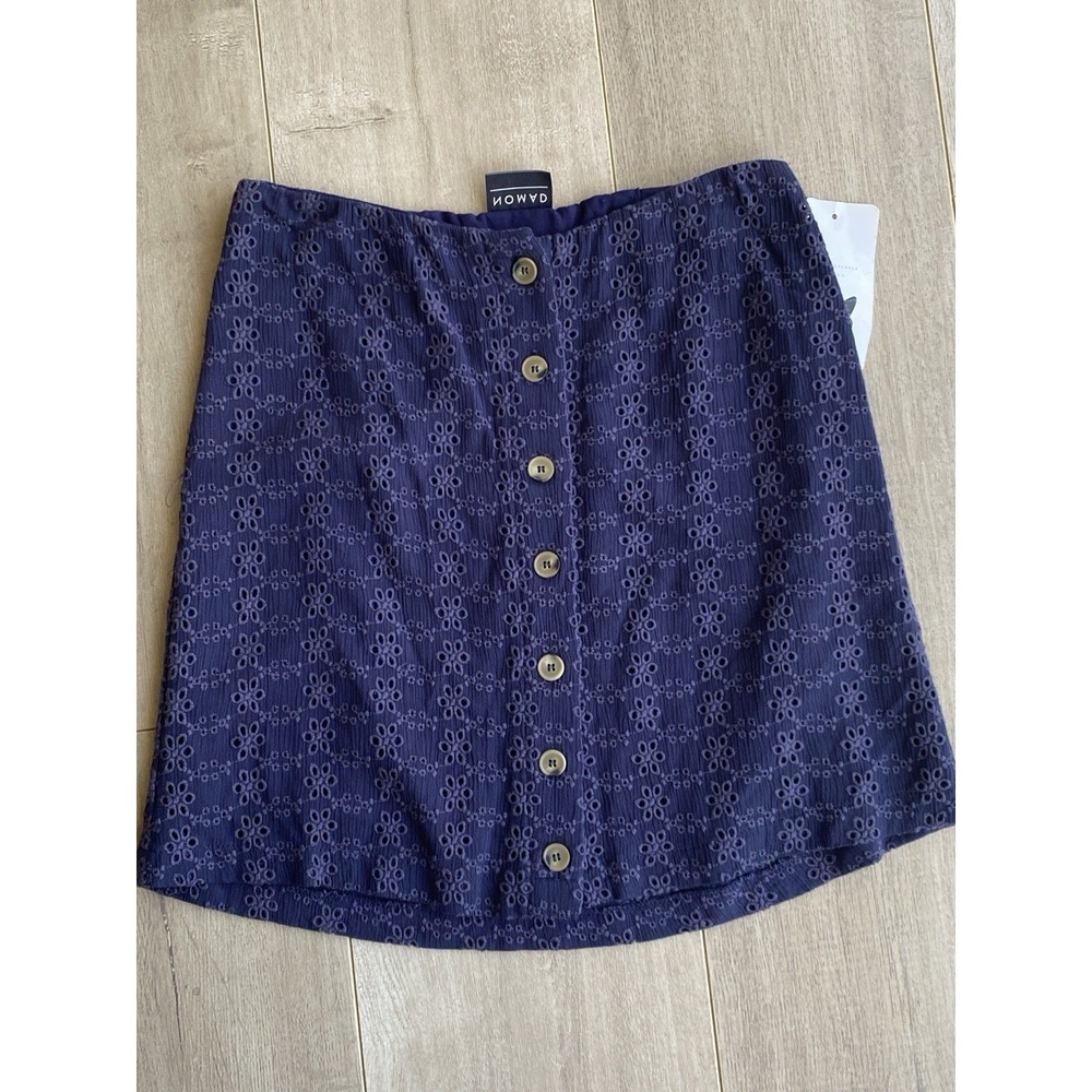 NOMAD Navy Blue Floral Eyelet Mini Skirt Button Front XS Boho